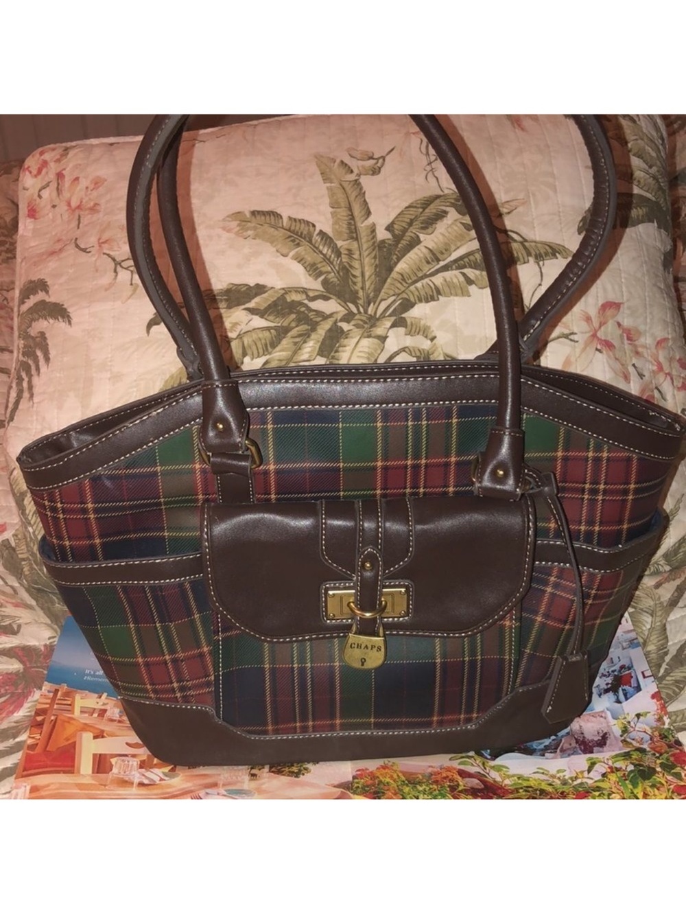 Chaps Brown Tartan Plaid Red Green Navy Gold Faux Leather Large Purse